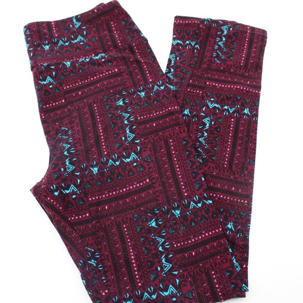 LuLaRoe LLR Leggings One Size OS Buttery Soft & Comfy Maroon W Geometric Shapes